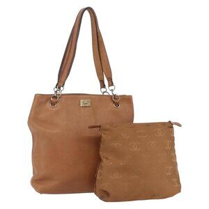 CHANEL Tote Bag Leather Brown Gold CC Auth BA8255